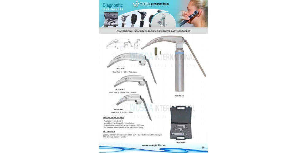 Conventional Solo Lite SUN FLEX Flexible Tip Macintosh Blades Laryngoscopes.